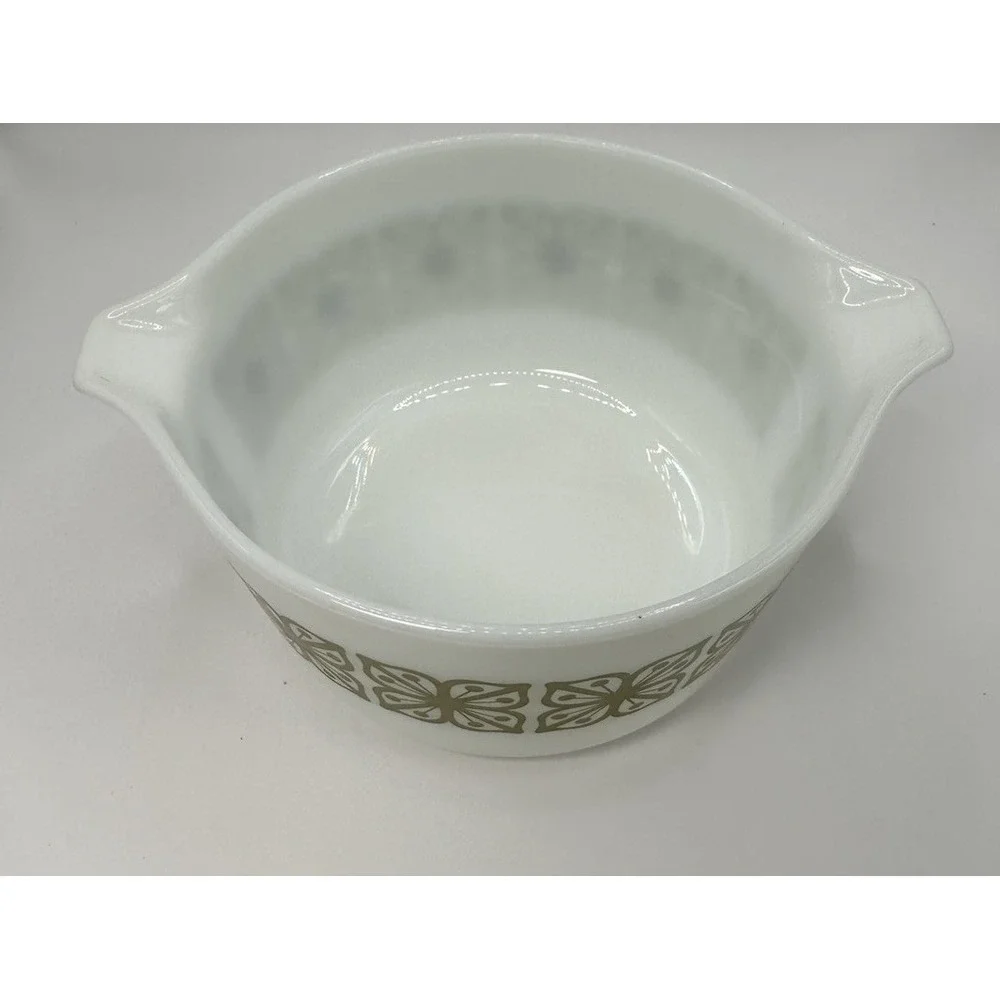 Vintage Pyrex Autumn Floral‎ Verde Squares Olive Green 1 Qt USA Ovenware